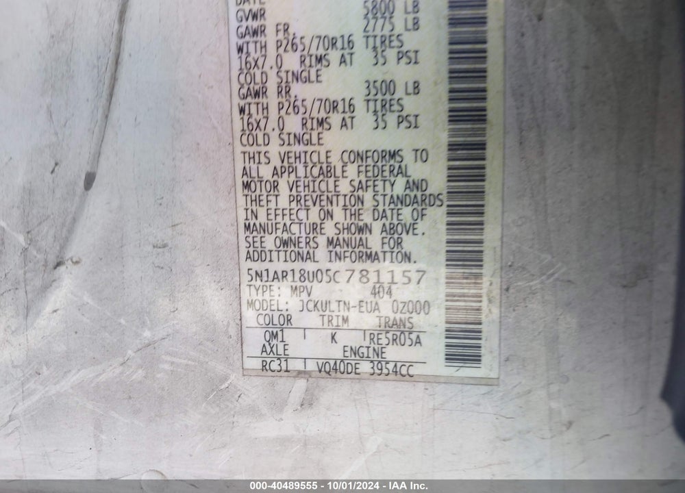 2005 NISSAN PATHFINDER SE VIN: 5N1AR18U05C781157