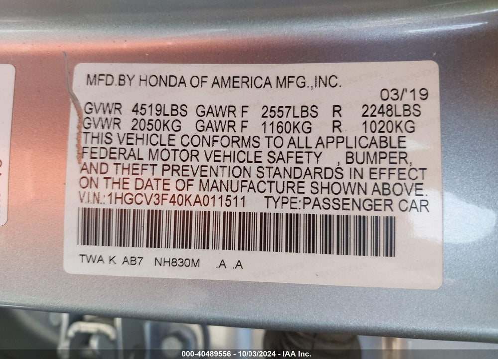 2019 HONDA ACCORD HYBRID EX VIN: 1HGCV3F40KA011511
