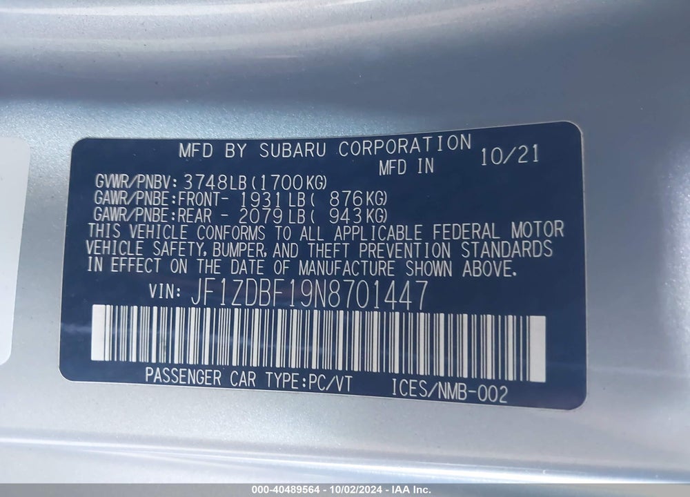 2022 SUBARU BRZ VIN: JF1ZDBF19N8701447
