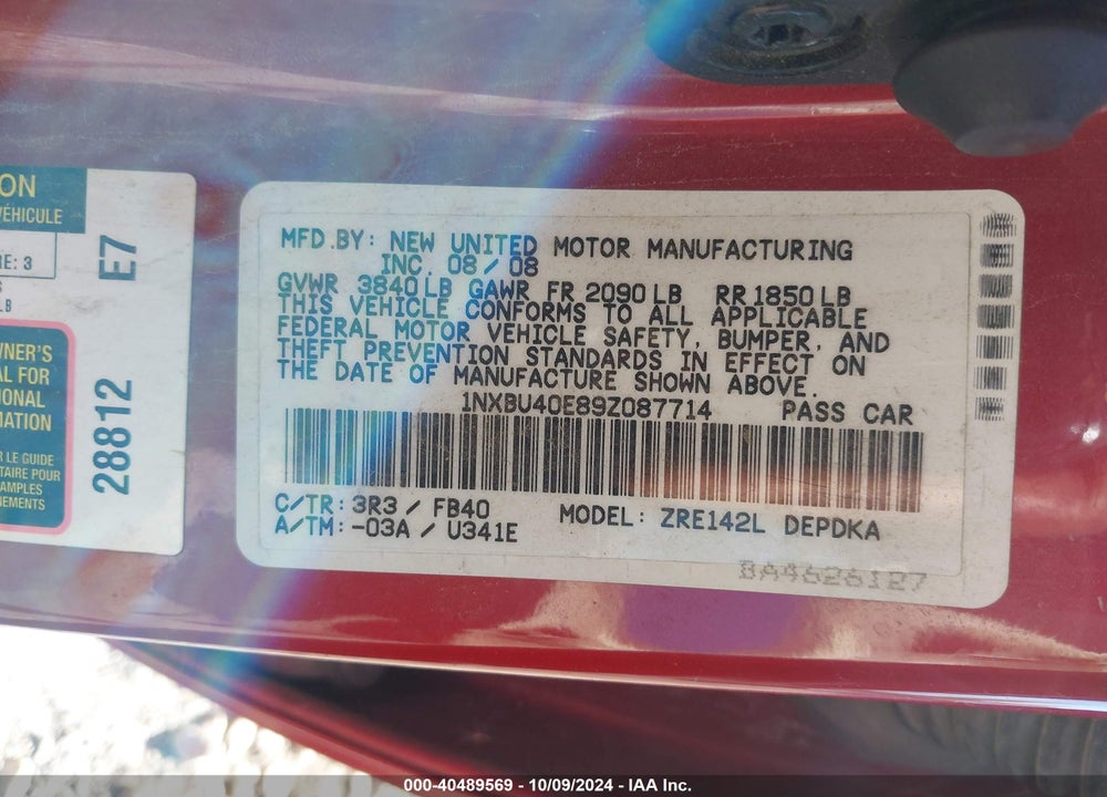 2009 TOYOTA COROLLA LE VIN: 1NXBU40E89Z087714