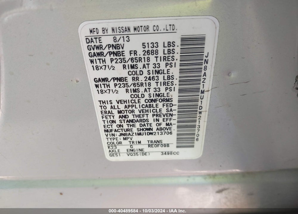 2013 NISSAN MURANO SV VIN: JN8AZ1MU1DW213706