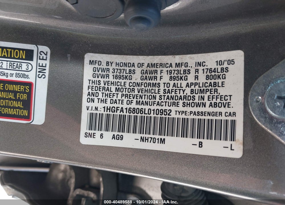 2006 HONDA CIVIC EX VIN: 1HGFA16806L010952