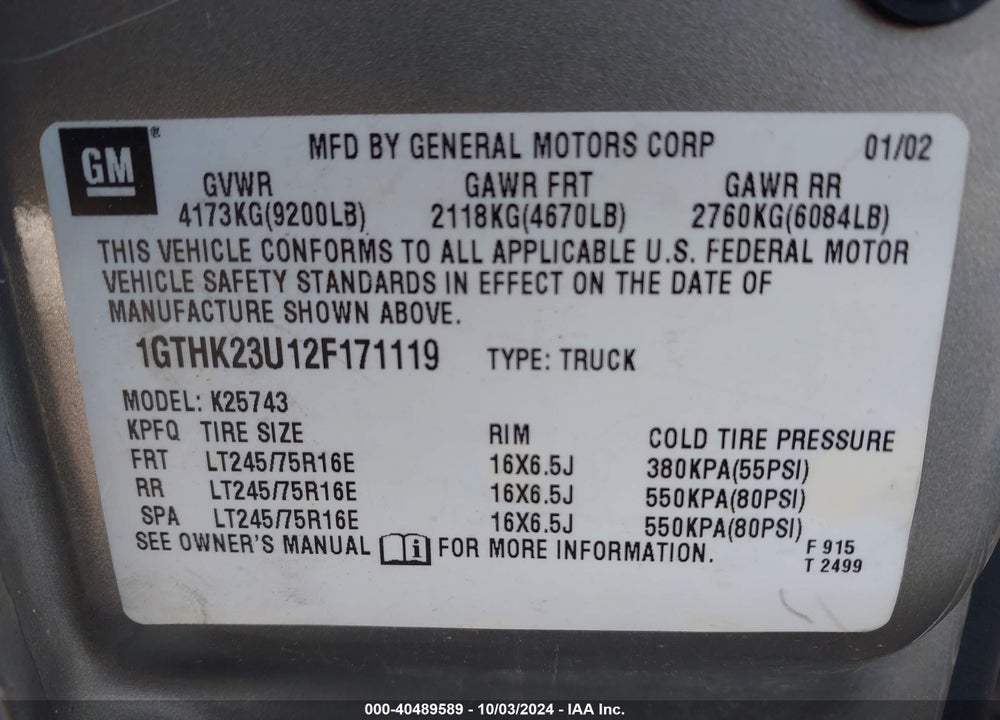 2002 GMC SIERRA 2500HD SLE VIN: 1GTHK23U12F171119