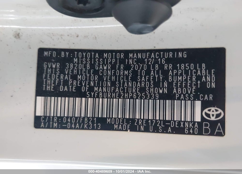 2017 TOYOTA COROLLA L/LE/XLE/SE/XSE VIN: 5YFBURHE2HP625339