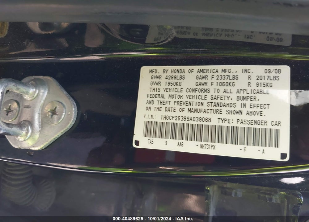 2009 HONDA ACCORD 2.4 LX VIN: 1HGCP26399A039068