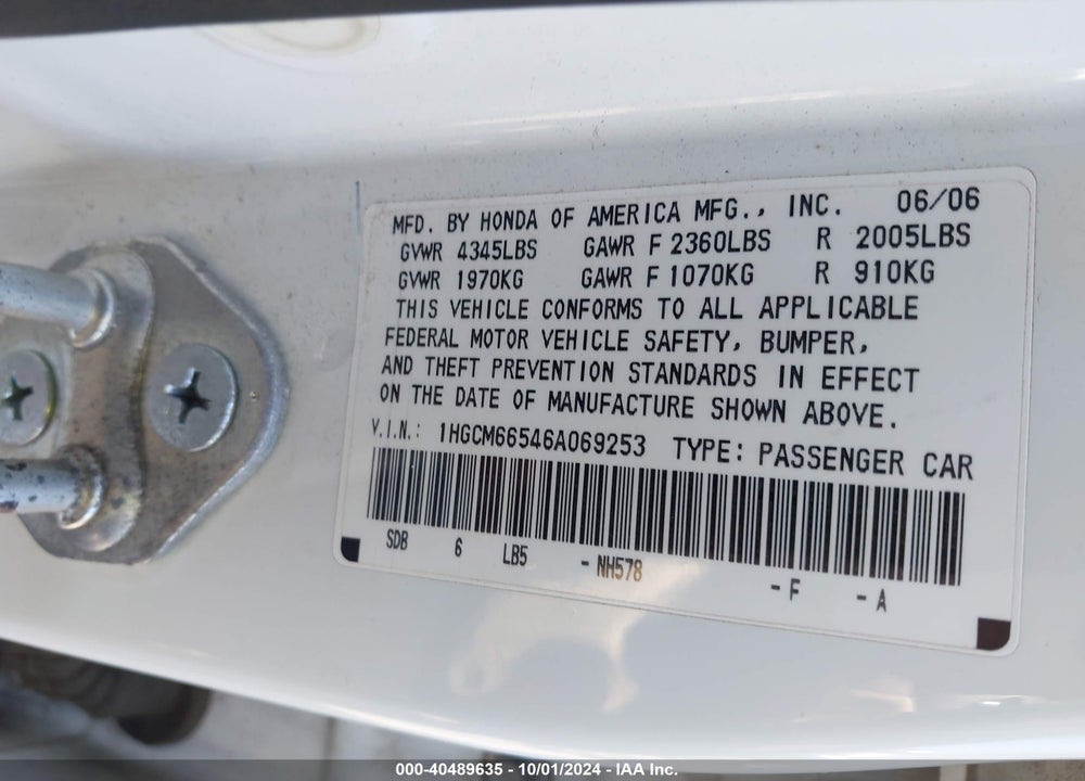 2006 HONDA ACCORD 3.0 EX VIN: 1HGCM66546A069253