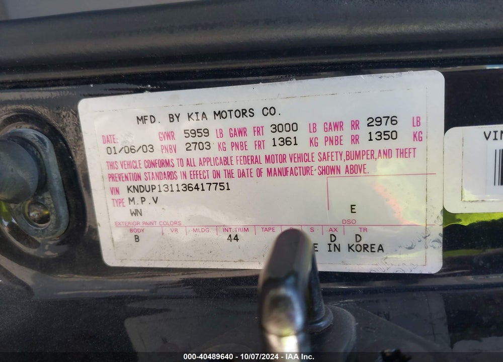 2003 KIA SEDONA EX/LX VIN: KNDUP131136417751