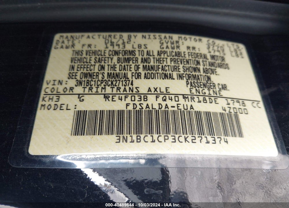 2012 NISSAN VERSA 1.8 S VIN: 3N1BC1CP3CK271374