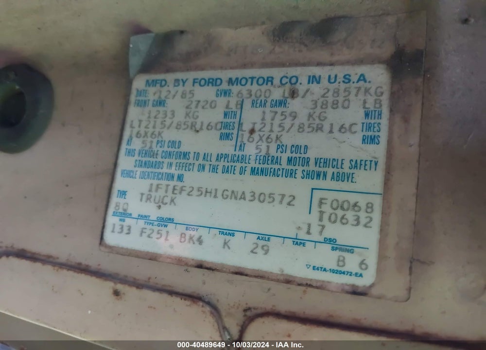 1986 FORD F250 VIN: 1FTEF25H1GNA30572