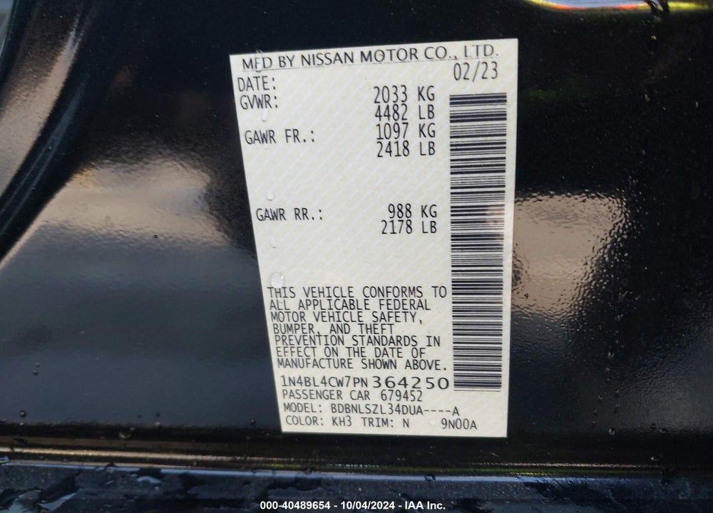2023 NISSAN ALTIMA SR VIN: 1N4BL4CW7PN364250