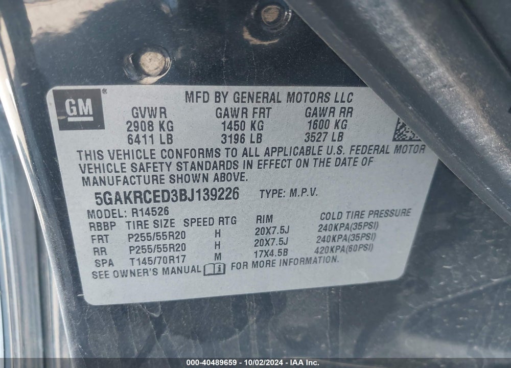 2011 BUICK ENCLAVE 2XL VIN: 5GAKRCED3BJ139226