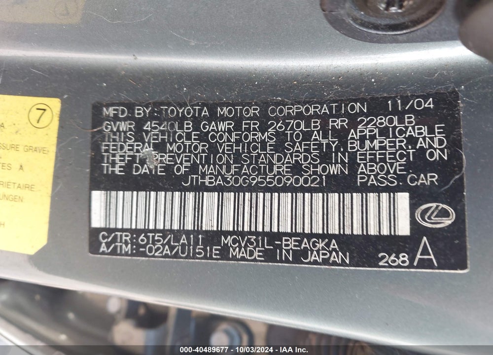 2005 LEXUS ES 330 VIN: JTHBA30G955090021