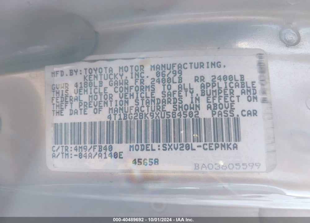 1999 TOYOTA CAMRY LE VIN: 4T1BG28K9XU584502
