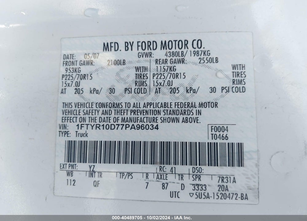 2007 FORD RANGER STX/XL/XLT VIN: 1FTYR10D77PA96034