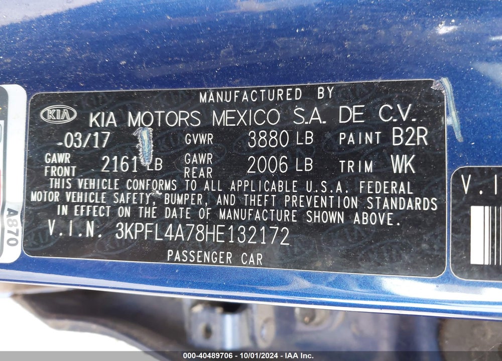 2017 KIA FORTE LX VIN: 3KPFL4A78HE132172