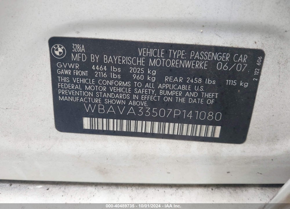 2007 BMW 328I VIN: WBAVA33507P141080