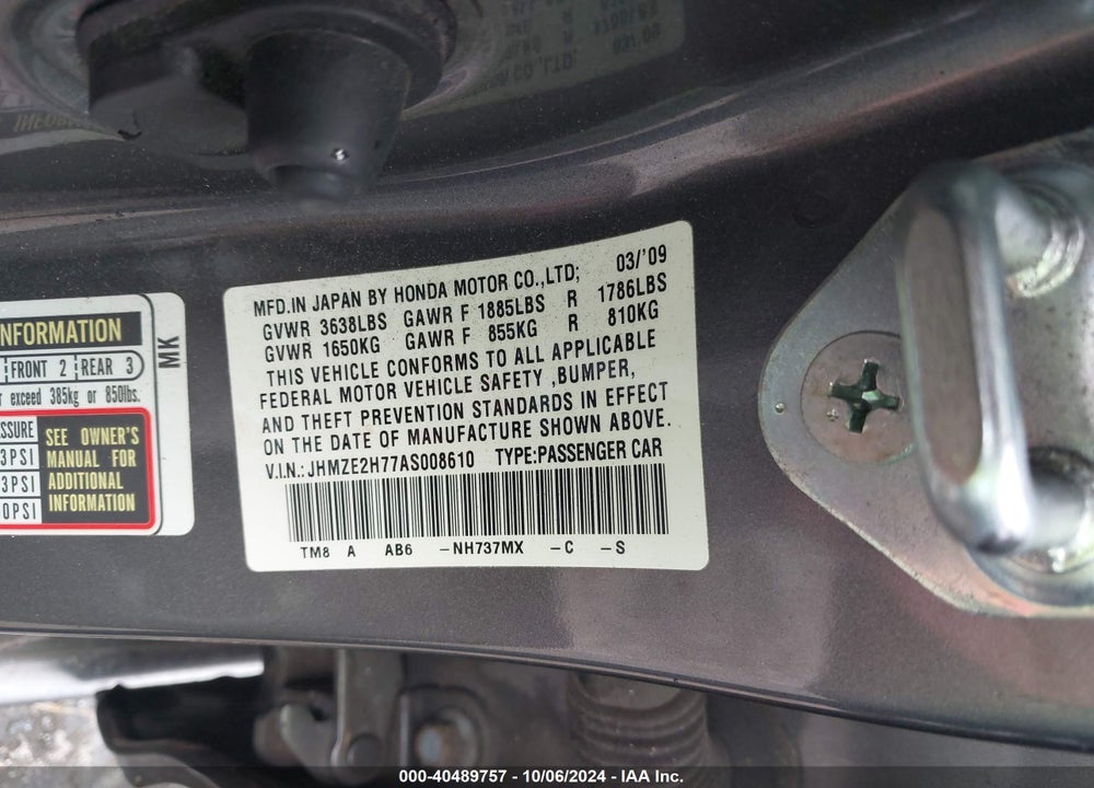 2010 HONDA INSIGHT EX VIN: JHMZE2H77AS008610