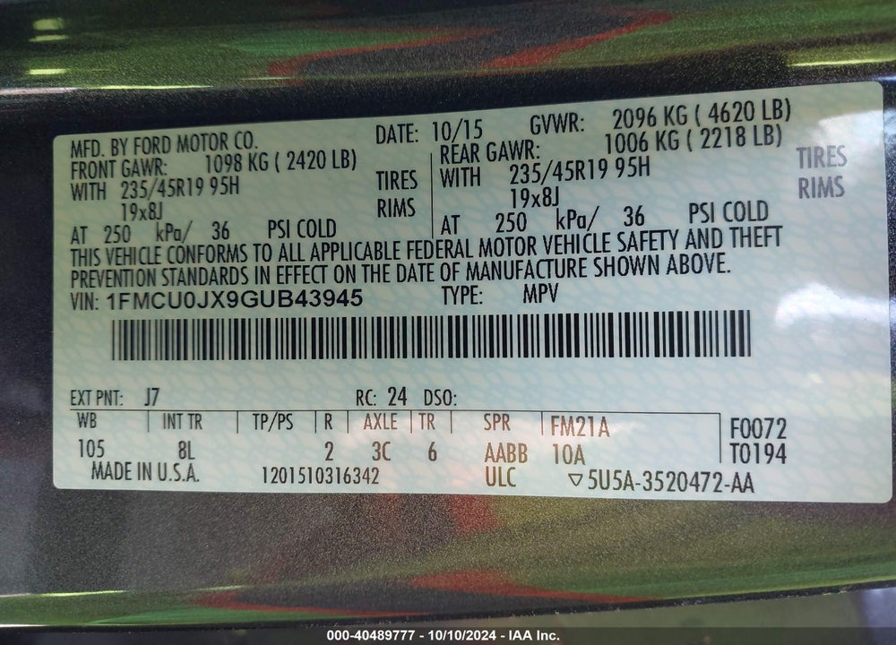 2016 FORD ESCAPE TITANIUM VIN: 1FMCU0JX9GUB43945