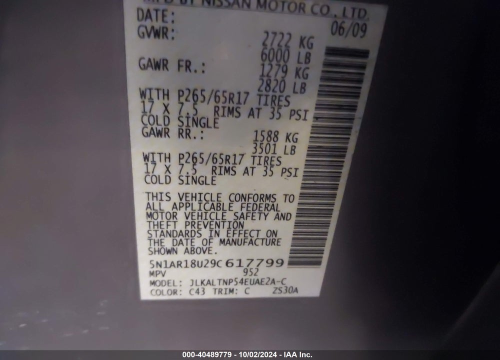 2009 NISSAN PATHFINDER SE VIN: 5N1AR18U29C617799