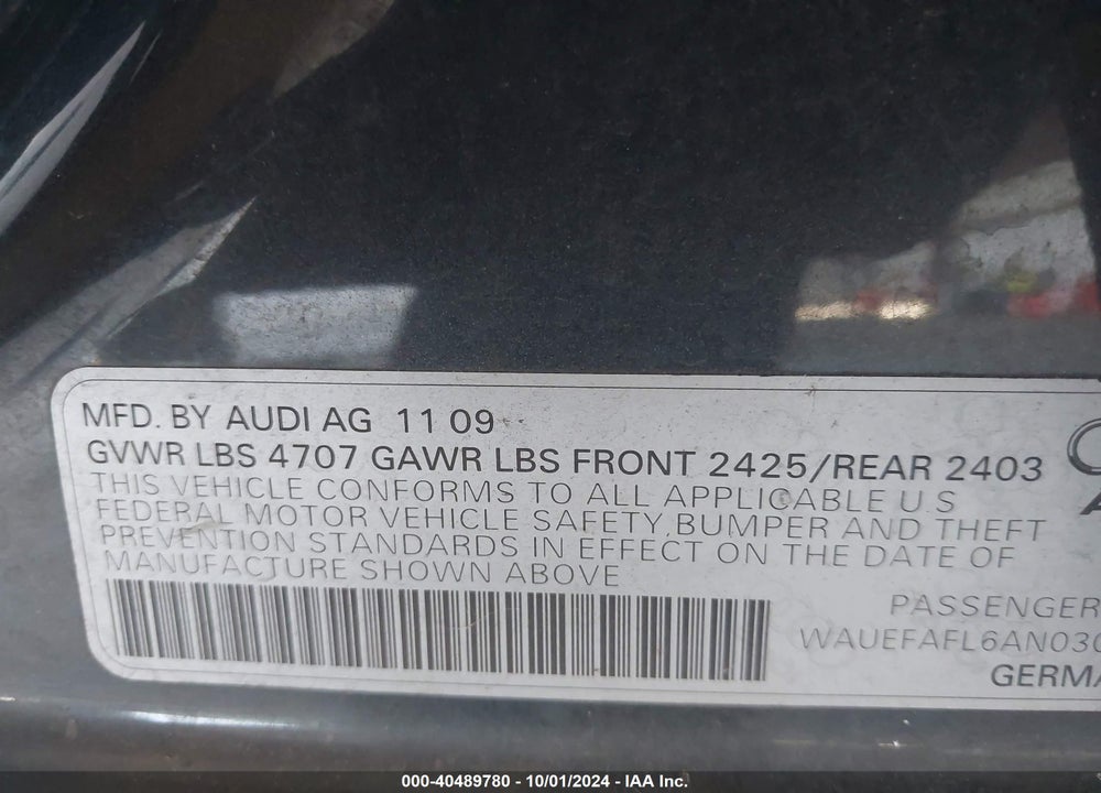 2010 AUDI A4 VIN: WAUEFAFL6AN030794