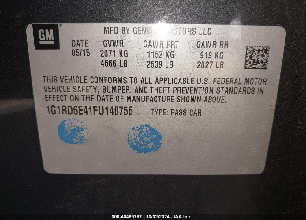 2015 CHEVROLET VOLT VIN: 1G1RD6E41FU140756