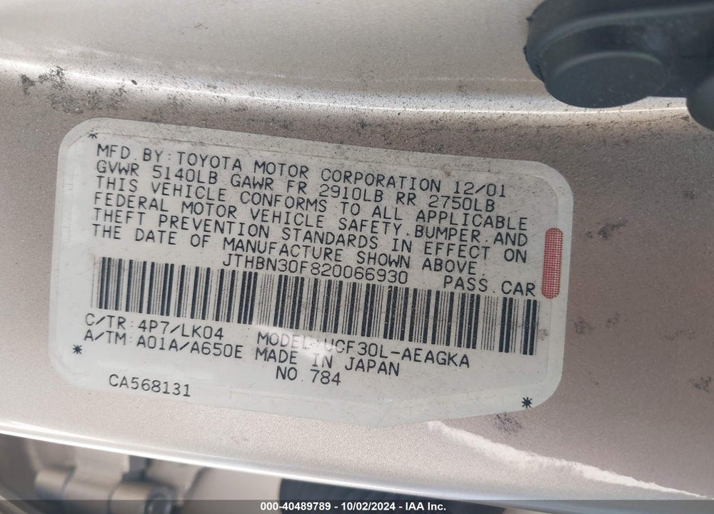 2002 LEXUS LS 430 VIN: JTHBN30F820066930