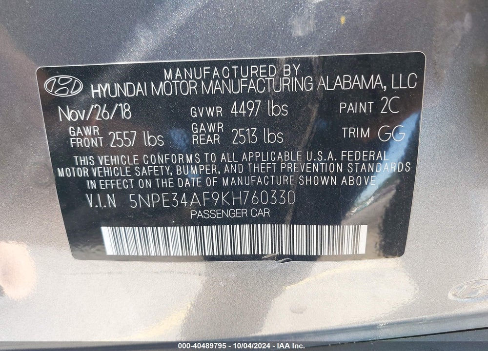 2019 HYUNDAI SONATA SEL VIN: 5NPE34AF9KH760330