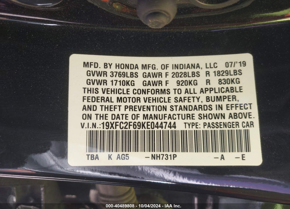 2019 HONDA CIVIC LX VIN: 19XFC2F69KE044744