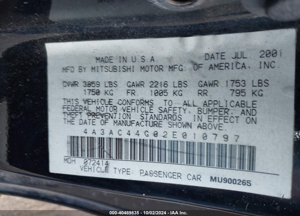 2002 MITSUBISHI ECLIPSE GS VIN: 4A3AC44G02E010797
