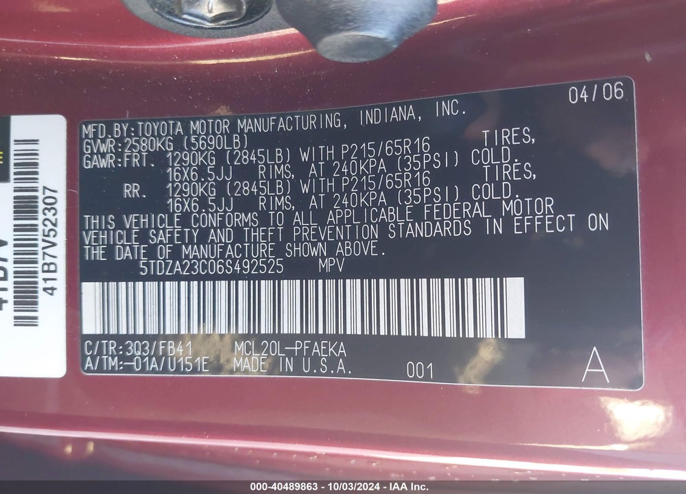 2006 TOYOTA SIENNA CE VIN: 5TDZA23C06S492525