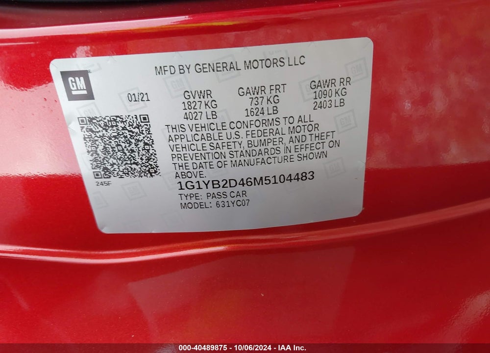 2021 CHEVROLET CORVETTE STINGRAY VIN: 1G1YB2D46M5104483