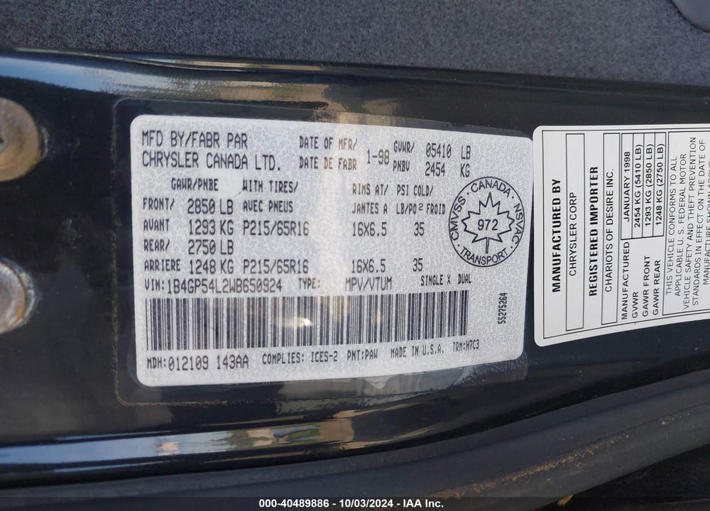 1998 DODGE GRAND CARAVAN ES/LE VIN: 1B4GP54L2WB650924