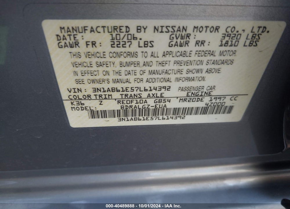 2007 NISSAN SENTRA 2.0SL VIN: 3N1AB61E57L614392