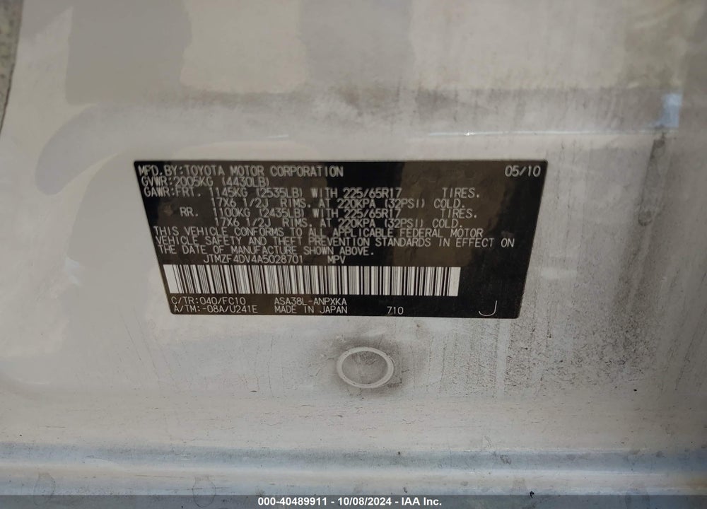 2010 TOYOTA RAV4 VIN: JTMZF4DV4A5028701