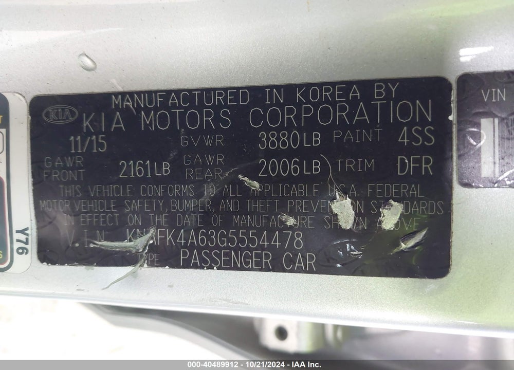 2016 KIA FORTE LX VIN: KNAFK4A63G5554478