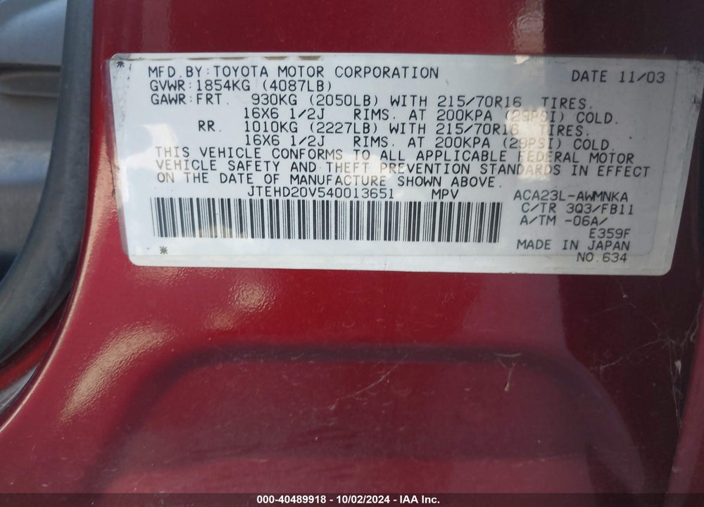 2004 TOYOTA RAV4 VIN: JTEHD20V540013651