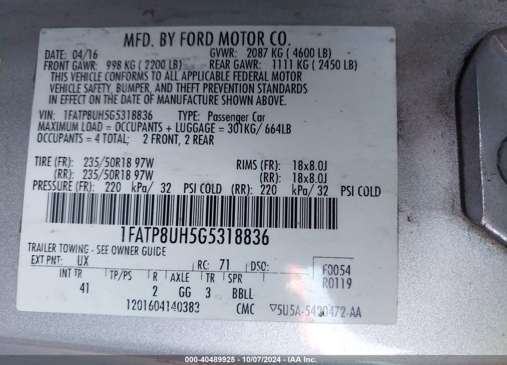 2016 FORD MUSTANG ECOBOOST PREMIUM VIN: 1FATP8UH5G5318836