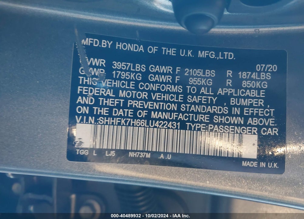 2020 HONDA CIVIC EX VIN: SHHFK7H66LU422431