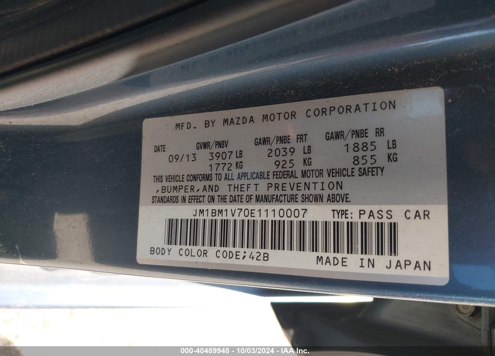 2014 MAZDA 3 VIN: JM1BM1V70E1110007