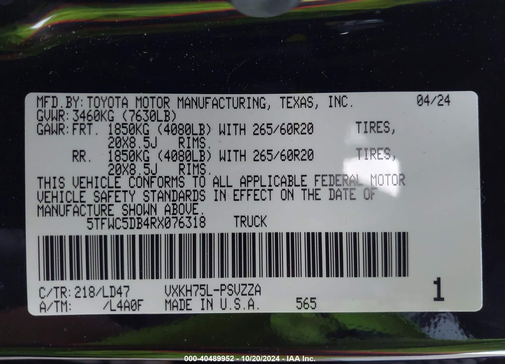 2024 TOYOTA TUNDRA HYBRID 1794 LIMITED EDITION VIN: 5TFWC5DB4RX076318
