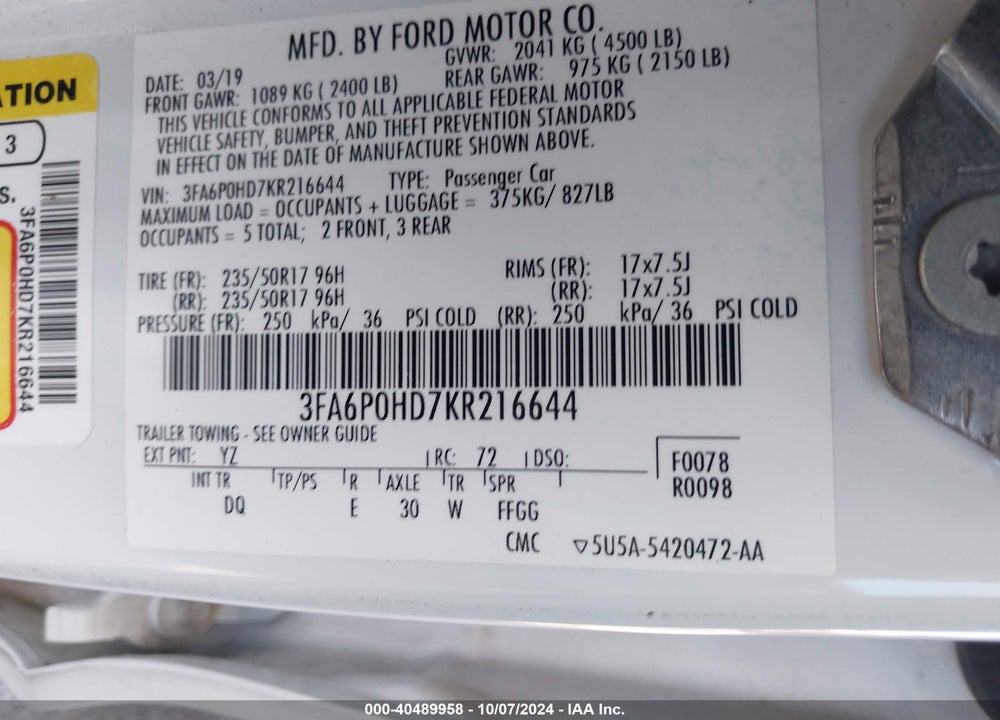 2019 FORD FUSION SE VIN: 3FA6P0HD7KR216644
