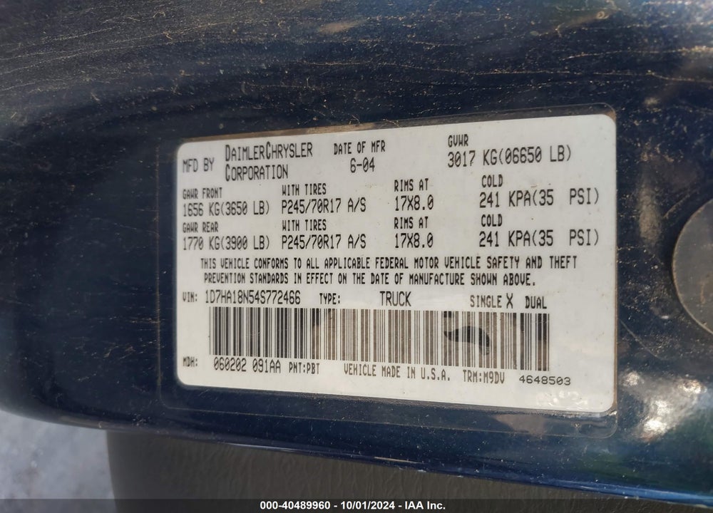 2004 DODGE RAM 1500 SLT/LARAMIE VIN: 1D7HA18N54S772466