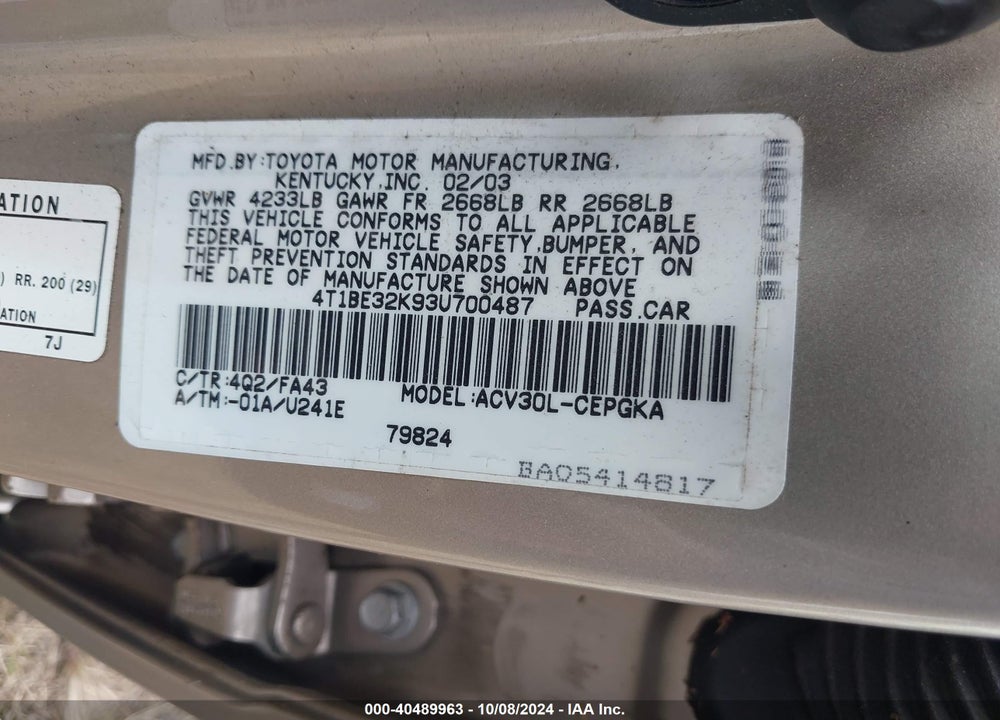 2003 TOYOTA CAMRY XLE VIN: 4T1BE32K93U700487