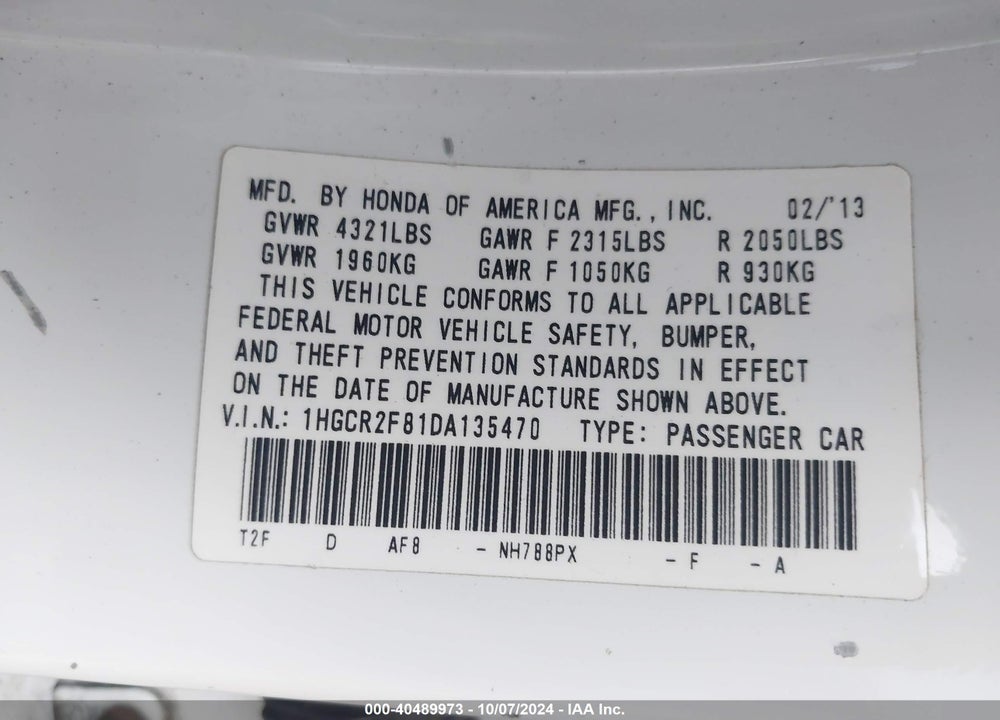 2013 HONDA ACCORD EX-L VIN: 1HGCR2F81DA135470