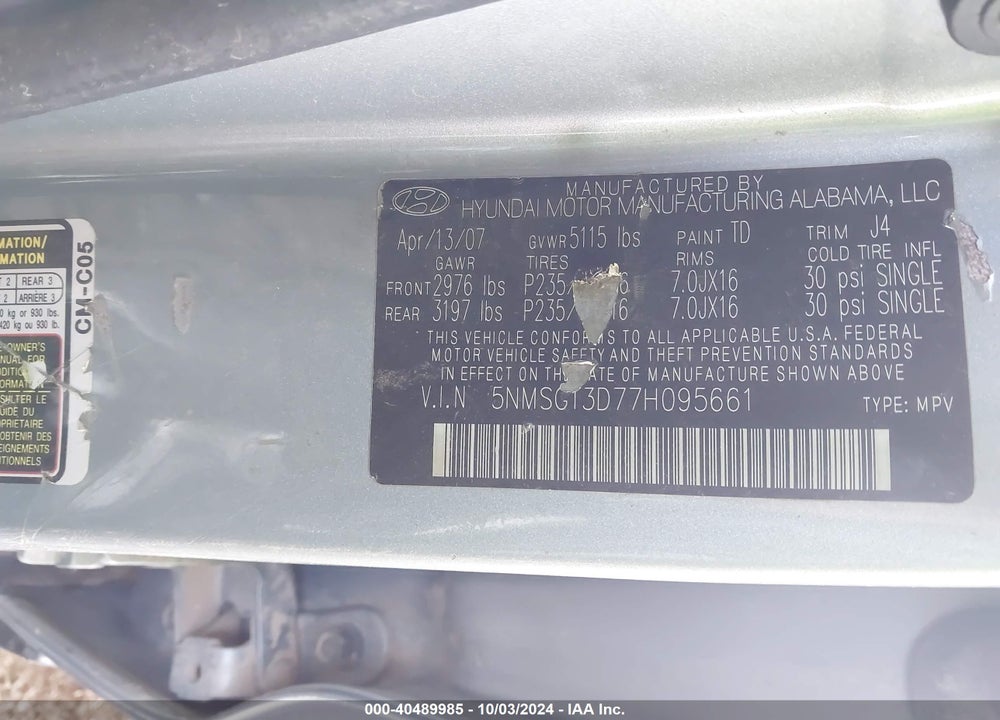 2007 HYUNDAI SANTA FE GLS VIN: 5NMSG13D77H095661