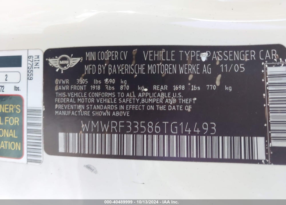 2006 MINI COOPER VIN: WMWRF33586TG14493