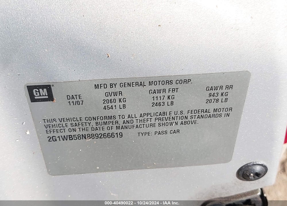 2008 CHEVROLET IMPALA LS VIN: 2G1WB58N889266619
