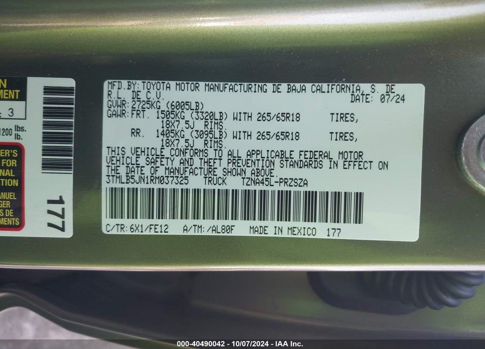 2024 TOYOTA TACOMA TRD SPORT VIN: 3TMLB5JN1RM037325