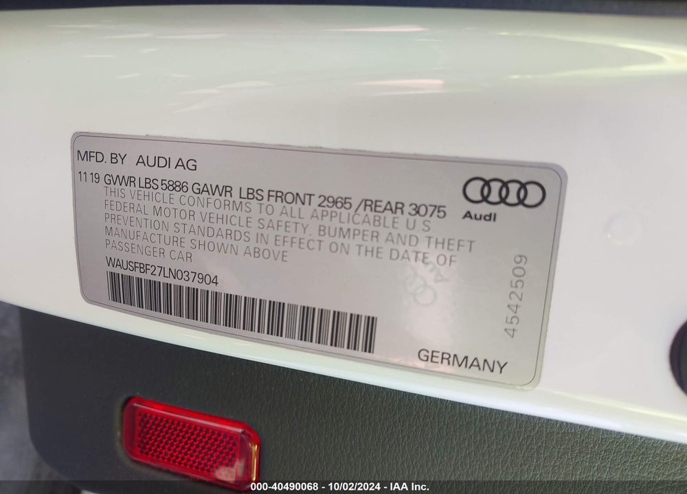 2020 AUDI S7 SPORTBACK PRESTIGE TFSI QUATTRO TIPTRONIC VIN: WAUSFBF27LN037904