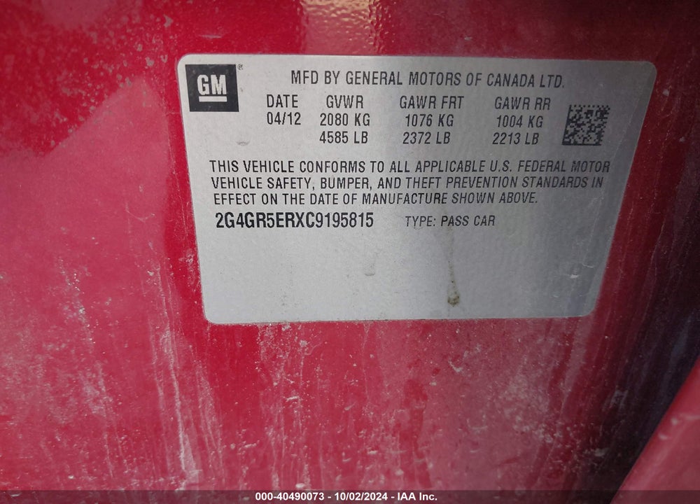 2012 BUICK REGAL VIN: 2G4GR5ERXC9195815